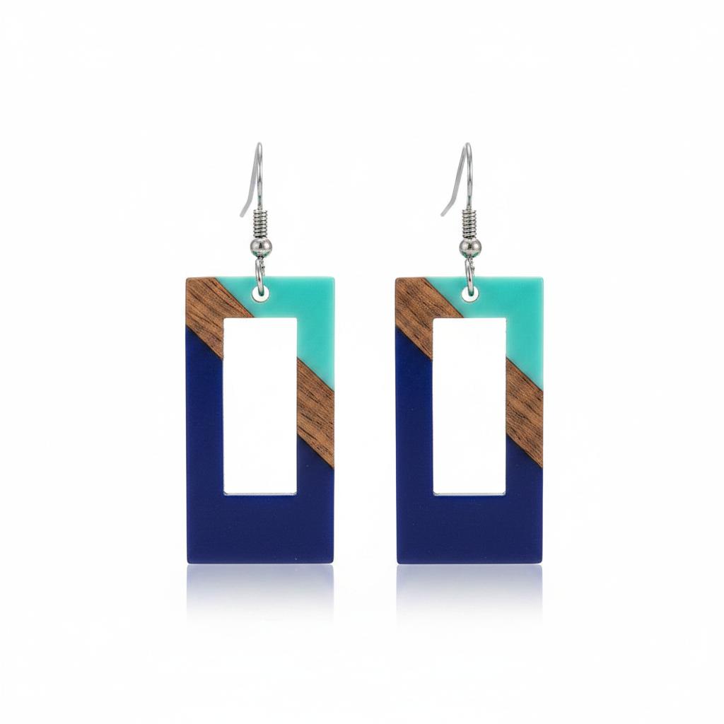 Mint Green and Navy Resin Wood Silvertone Color-Block Open Rectangle Hook Earrings, silver drop earrings for women, side view