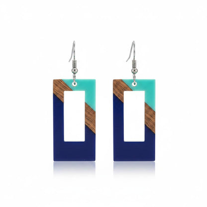 Mint Green and Navy Resin Wood Silvertone Color-Block Open Rectangle Hook Earrings, silver drop earrings for women, side view