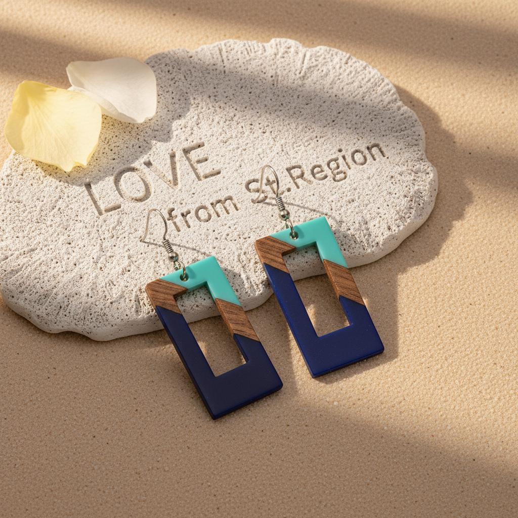 Mint Green and Navy Resin Wood Silvertone Color-Block Open Rectangle Hook Earrings, silver drop earrings..., lifestyle look