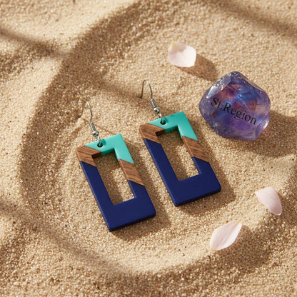Mint Green and Navy Resin Wood Silvertone Color-Block Open Rectangle Hook Earrings, silver drop earrings..., detail close-up
