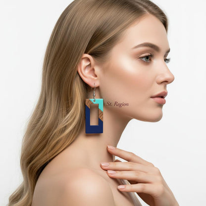 Mint Green and Navy Resin Wood Silvertone Color-Block Open Rectangle Hook Earrings, silver drop earrings for..., styled look
