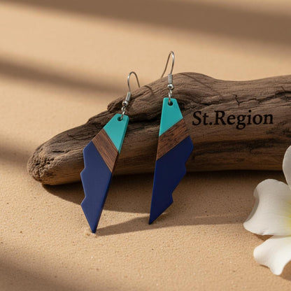 Mint Green and Navy Resin Wood Silvertone Color-Block Wing Hook Earrings, silver drop earrings for women, front view