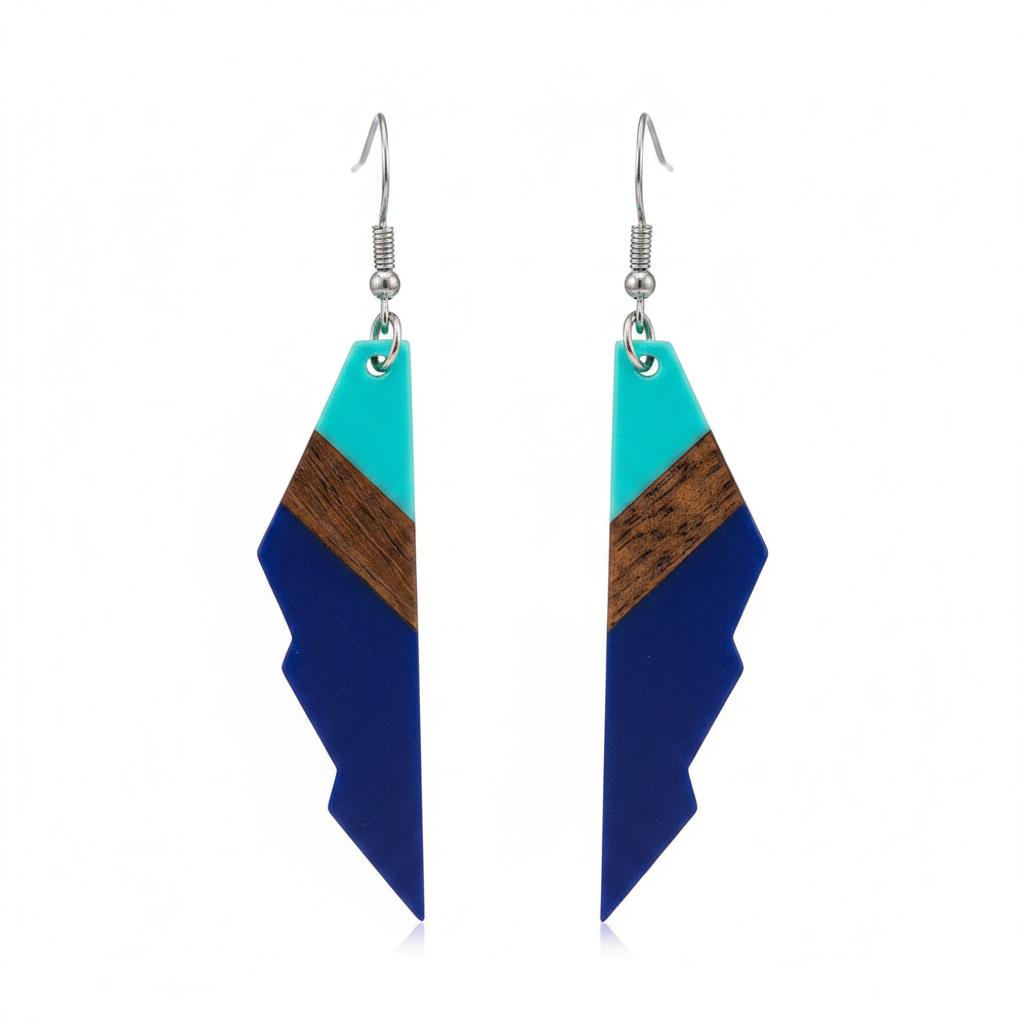 Mint Green and Navy Resin Wood Silvertone Color-Block Wing Hook Earrings, silver drop earrings for women, side view