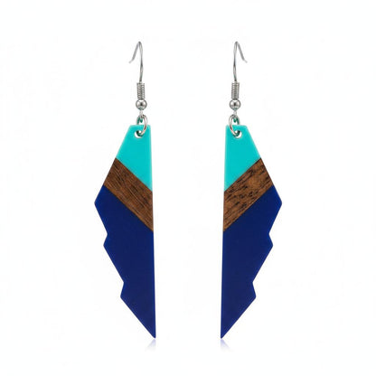 Mint Green and Navy Resin Wood Silvertone Color-Block Wing Hook Earrings, silver drop earrings for women, side view