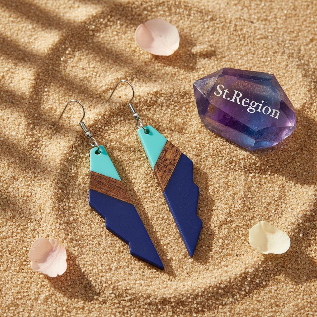 Mint Green and Navy Resin Wood Silvertone Color-Block Wing Hook Earrings, silver drop earrings for women, detail close-up