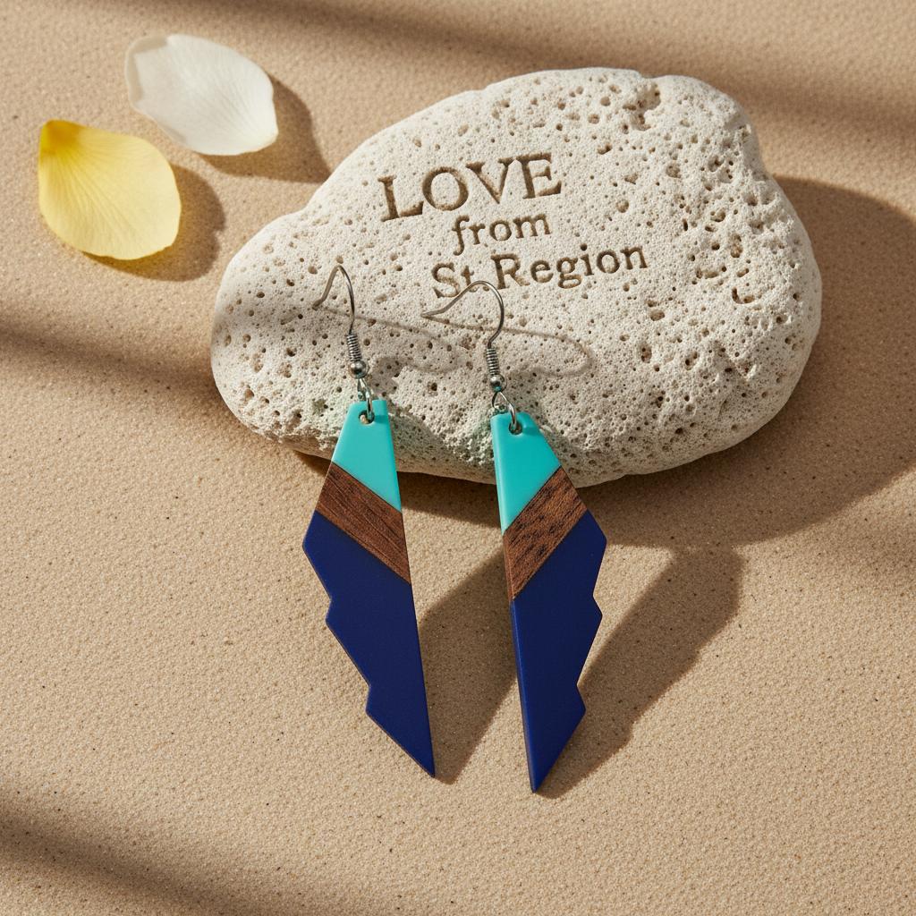 Mint Green and Navy Resin Wood Silvertone Color-Block Wing Hook Earrings, silver drop earrings for women, lifestyle look
