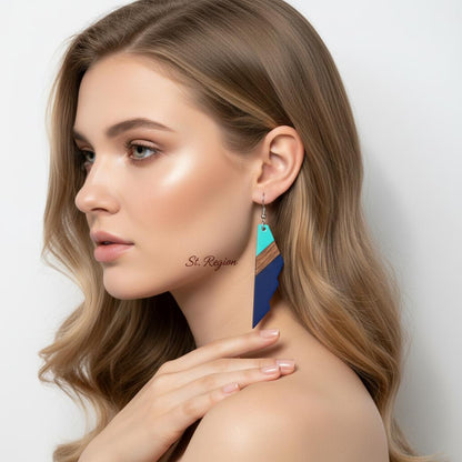 Mint Green and Navy Resin Wood Silvertone Color-Block Wing Hook Earrings, silver drop earrings for women, styled look