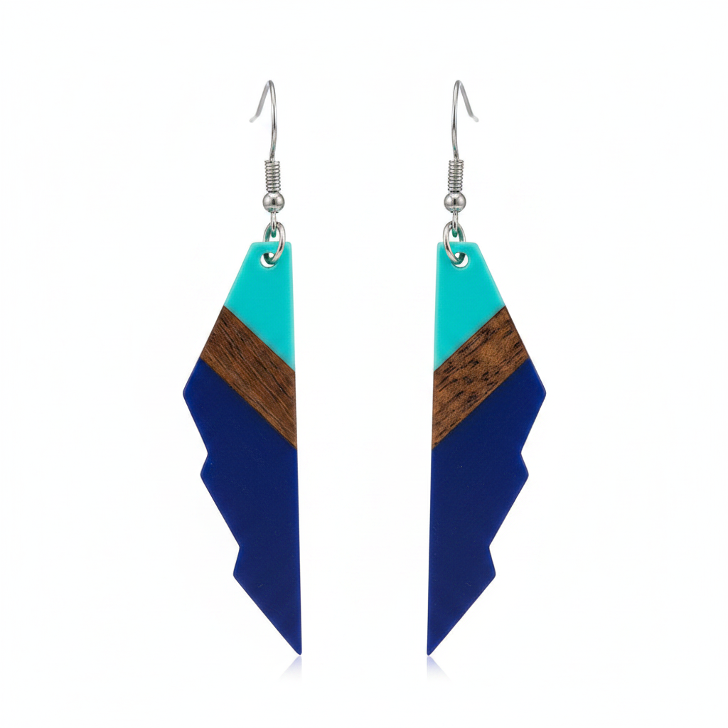Mint Green & Navy Resin Wood Silvertone Color-Block Wing Hook Earrings - Street Region