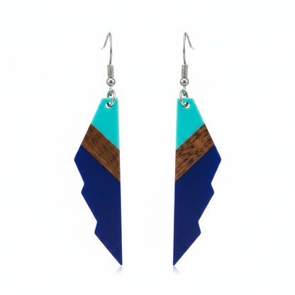 Mint Green & Navy Resin Wood Silvertone Color-Block Wing Hook Earrings - Street Region