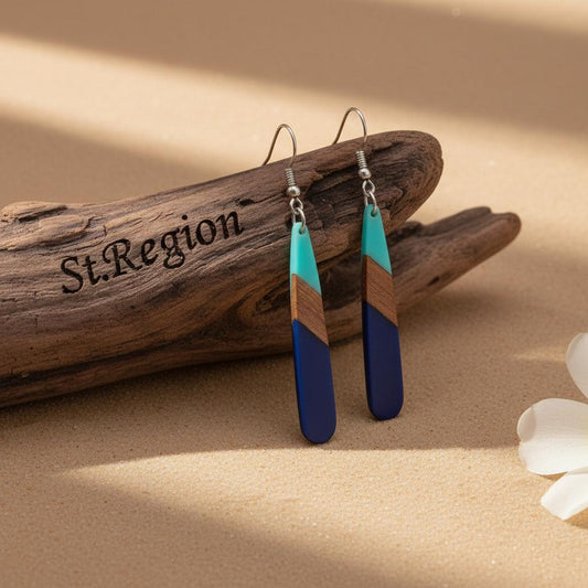 Mint Green and Navy Resin Wood Silvertone Color-Block Teardrop Hook Earrings, gold drop earrings for women, front view