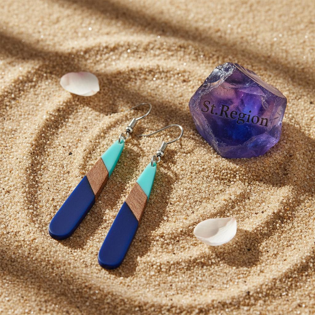 Mint Green and Navy Resin Wood Silvertone Color-Block Teardrop Hook Earrings, silver drop earrings for women, detail close-up