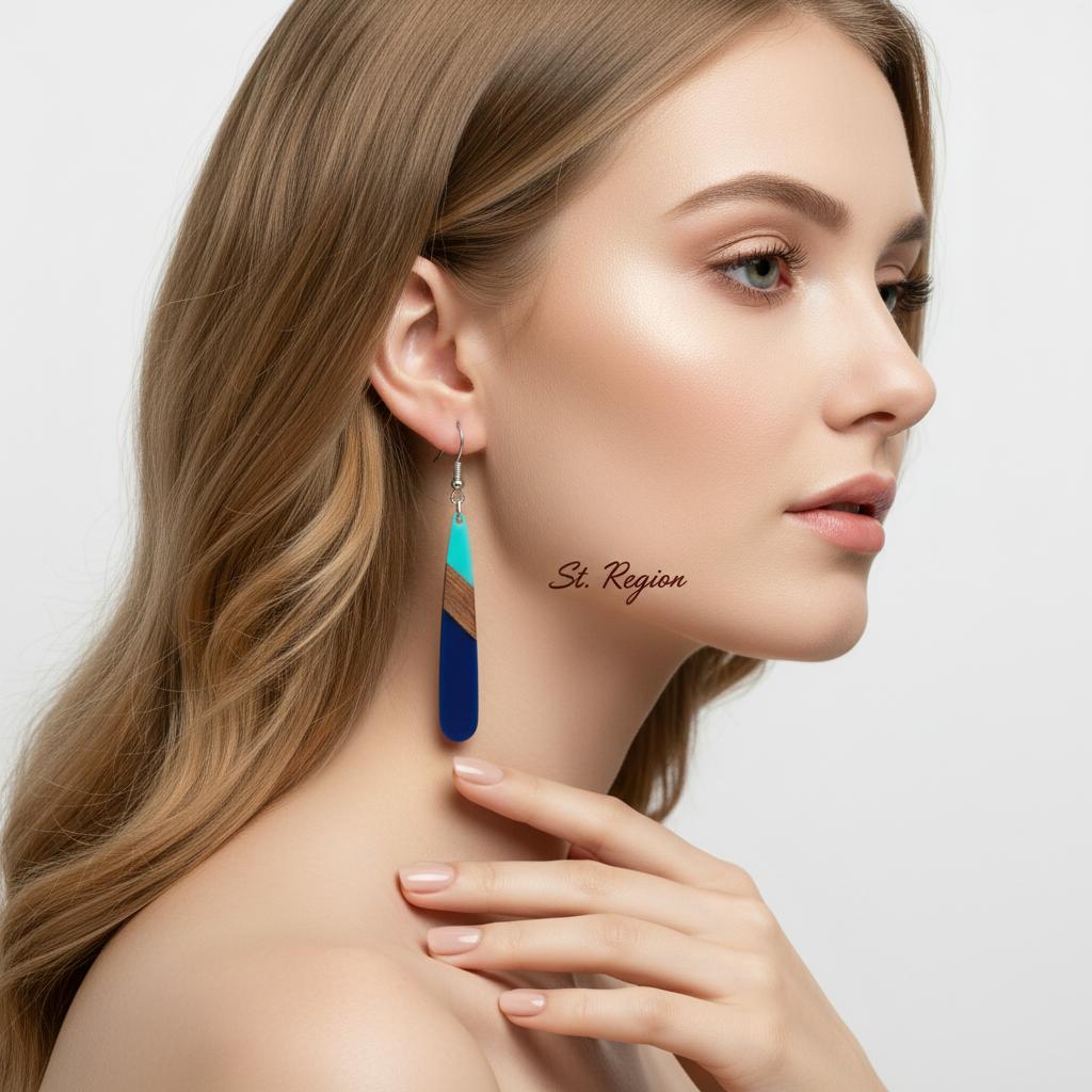 Mint Green and Navy Resin Wood Silvertone Color-Block Teardrop Hook Earrings, silver drop earrings for women, styled look