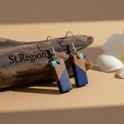 Mint Green and Navy Resin Wood Silvertone Color-Block Rectangle Hook Earrings, silver drop earrings for women, front view