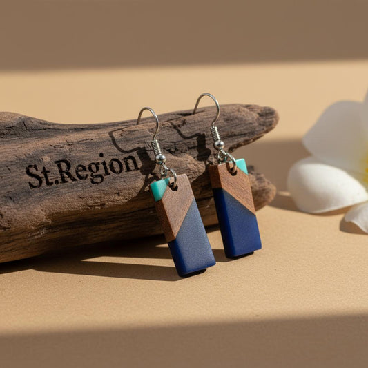 Mint Green and Navy Resin Wood Silvertone Color-Block Rectangle Hook Earrings, gold drop earrings for women, front view