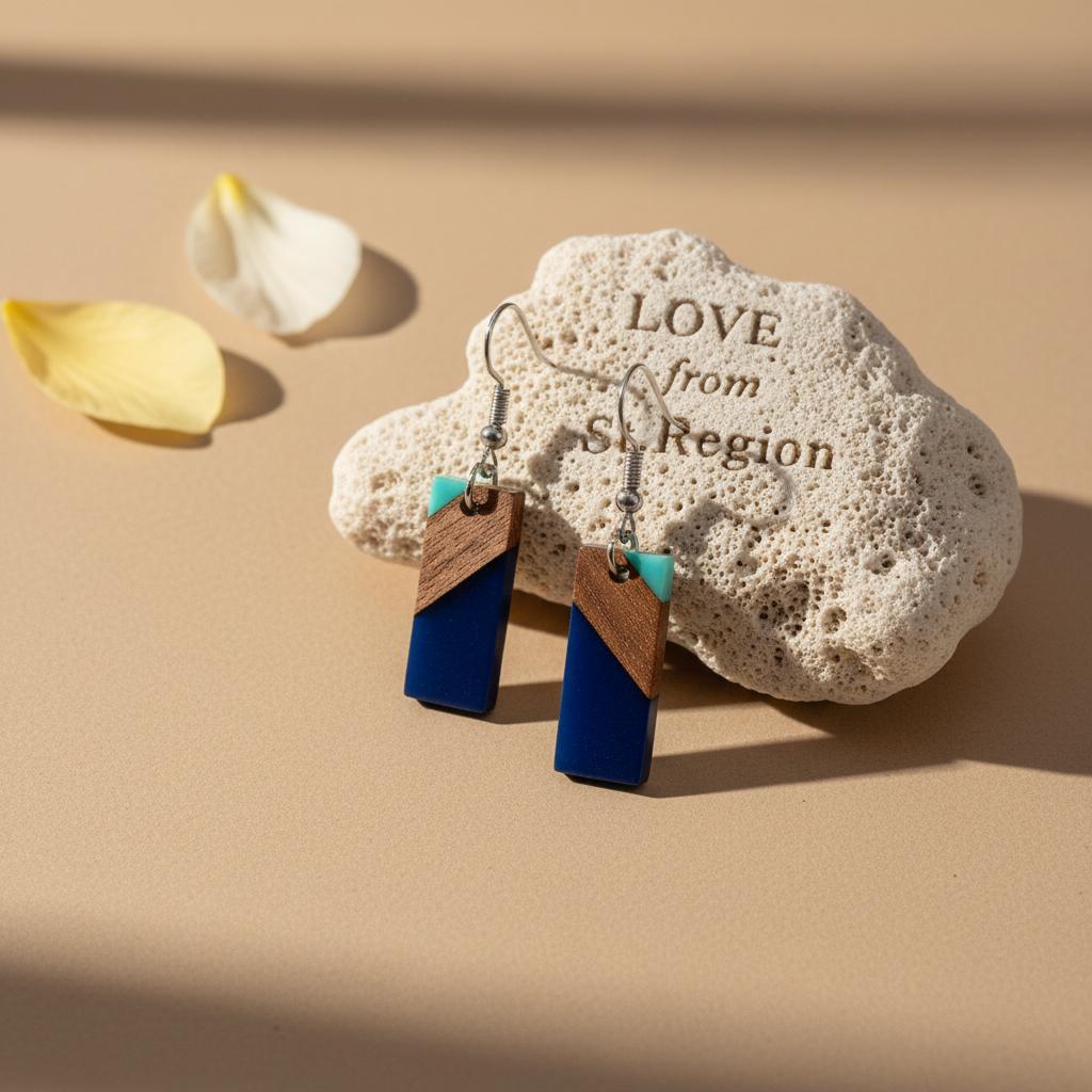 Mint Green and Navy Resin Wood Silvertone Color-Block Rectangle Hook Earrings, silver drop earrings for women, lifestyle look
