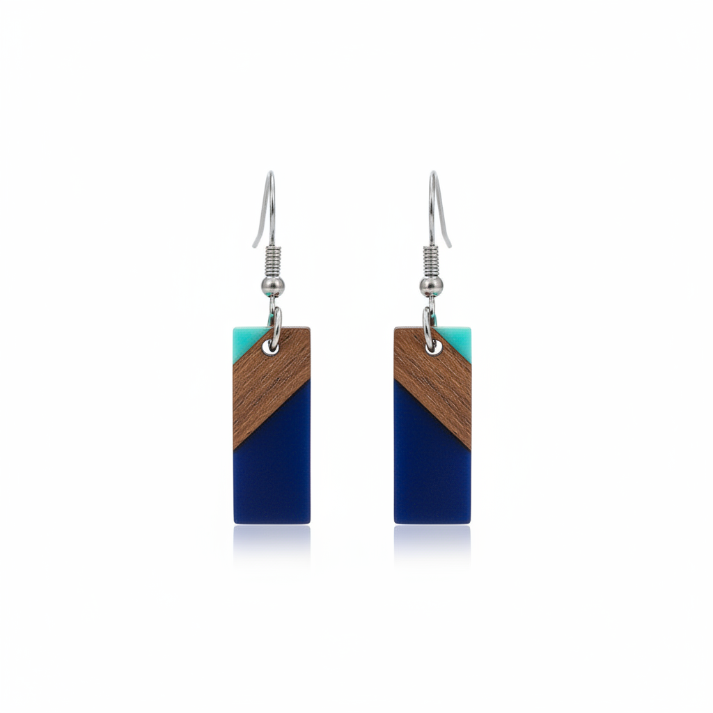 Mint Green & Navy Resin Wood Silvertone Color-Block Rectangle Hook Earrings - Street Region