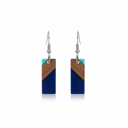 Mint Green & Navy Resin Wood Silvertone Color-Block Rectangle Hook Earrings - Street Region
