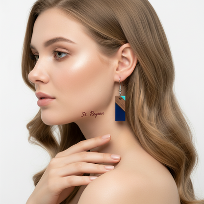 Mint Green & Navy Resin Wood Silvertone Color-Block Rectangle Hook Earrings - Street Region