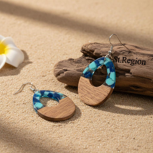 Navy Resin and Wood Silvertone Leopard Print Teardrop Hook Earrings, gold drop earrings for women, front view