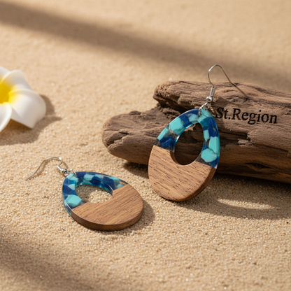 Navy Resin & Wood Silvertone Leopard Print Teardrop Hook Earrings - Street Region
