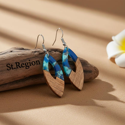 Navy Resin and Wood Silvertone Leopard Print Leaf Hook Earrings, silver drop earrings for women, front view