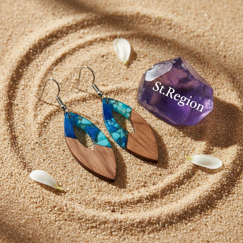 Navy Resin and Wood Silvertone Leopard Print Leaf Hook Earrings, silver drop earrings for women, detail close-up