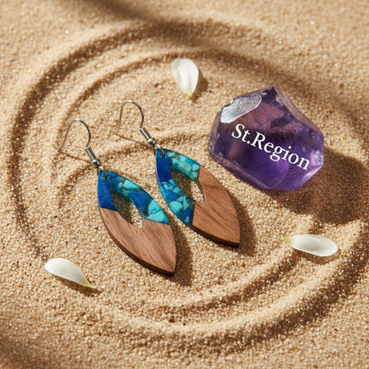 Navy Resin and Wood Silvertone Leopard Print Leaf Hook Earrings, silver drop earrings for women, detail close-up