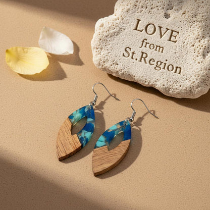 Navy Resin and Wood Silvertone Leopard Print Leaf Hook Earrings, silver drop earrings for women, lifestyle look