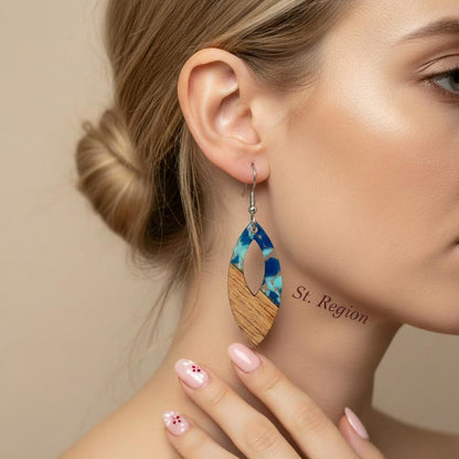 Navy Resin and Wood Silvertone Leopard Print Leaf Hook Earrings, silver drop earrings for women, styled look