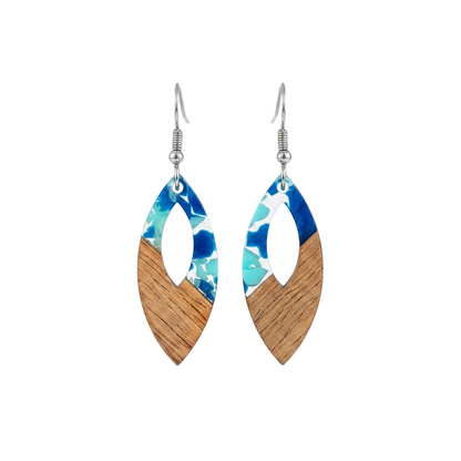 Navy Resin & Wood Silvertone Leopard Print Leaf Hook Earrings - Street Region
