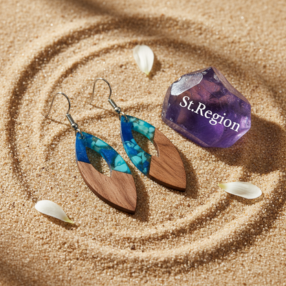 Navy Resin & Wood Silvertone Leopard Print Leaf Hook Earrings - Street Region