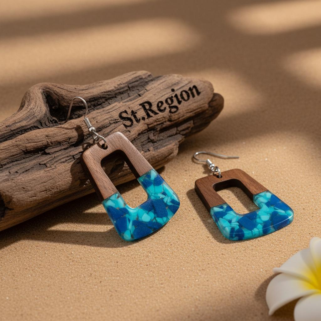Navy Resin and Wood Silvertone Leopard Print Trapezoid Hook Earrings, silver drop earrings for women, front view