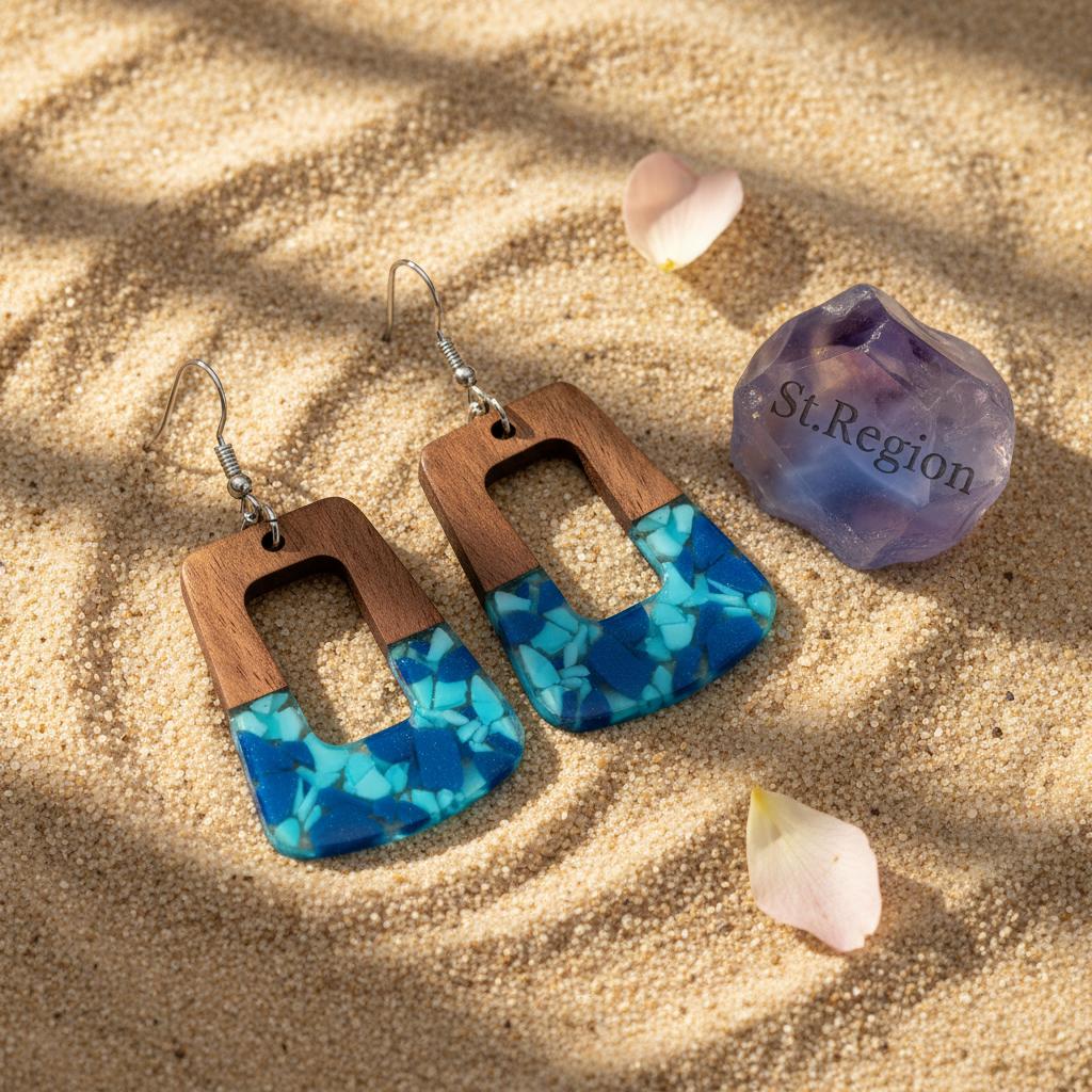 Navy Resin and Wood Silvertone Leopard Print Trapezoid Hook Earrings, silver drop earrings for women, detail close-up