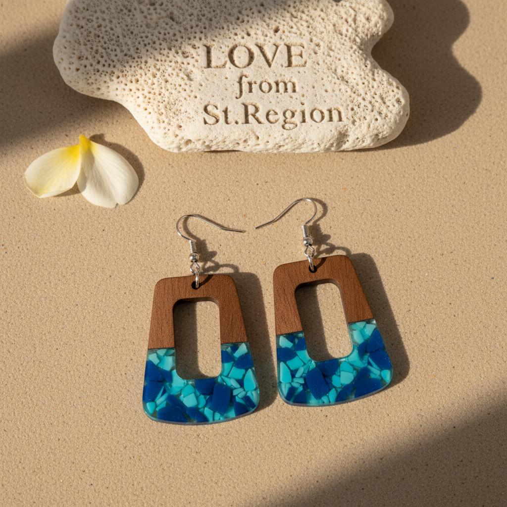 Navy Resin and Wood Silvertone Leopard Print Trapezoid Hook Earrings, silver drop earrings for women, lifestyle look