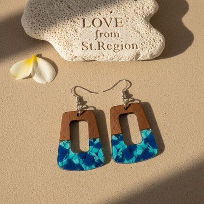Navy Resin and Wood Silvertone Leopard Print Trapezoid Hook Earrings, silver drop earrings for women, lifestyle look