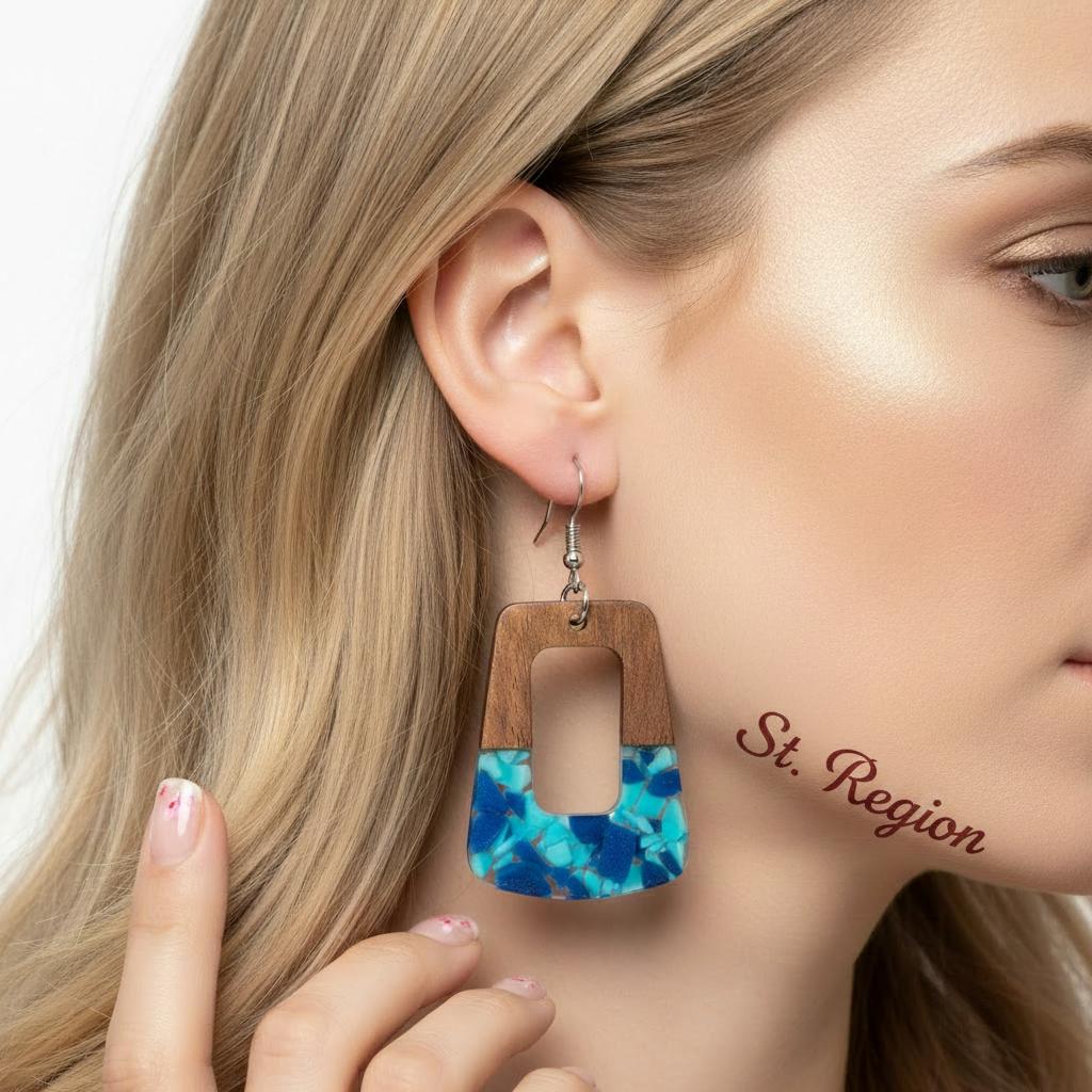 Navy Resin and Wood Silvertone Leopard Print Trapezoid Hook Earrings, silver drop earrings for women, styled look