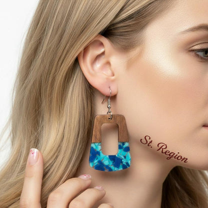 Navy Resin and Wood Silvertone Leopard Print Trapezoid Hook Earrings, silver drop earrings for women, styled look