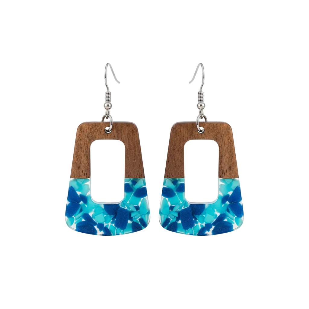 Navy Resin & Wood Silvertone Leopard Print Trapezoid Hook Earrings - Street Region