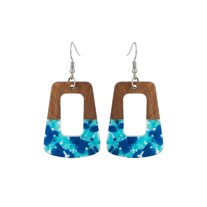 Navy Resin & Wood Silvertone Leopard Print Trapezoid Hook Earrings - Street Region