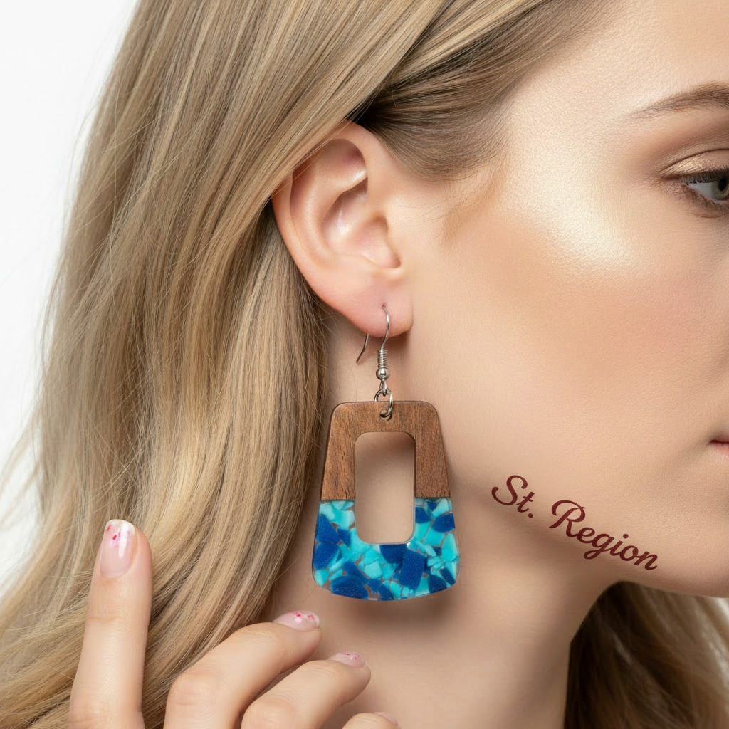 Navy Resin & Wood Silvertone Leopard Print Trapezoid Hook Earrings - Street Region
