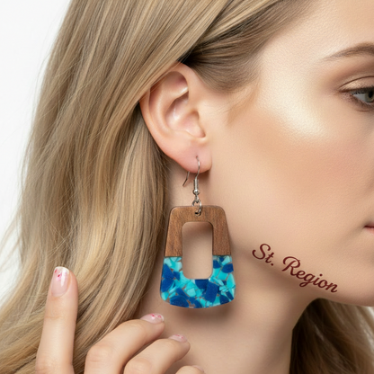 Navy Resin & Wood Silvertone Leopard Print Trapezoid Hook Earrings - Street Region