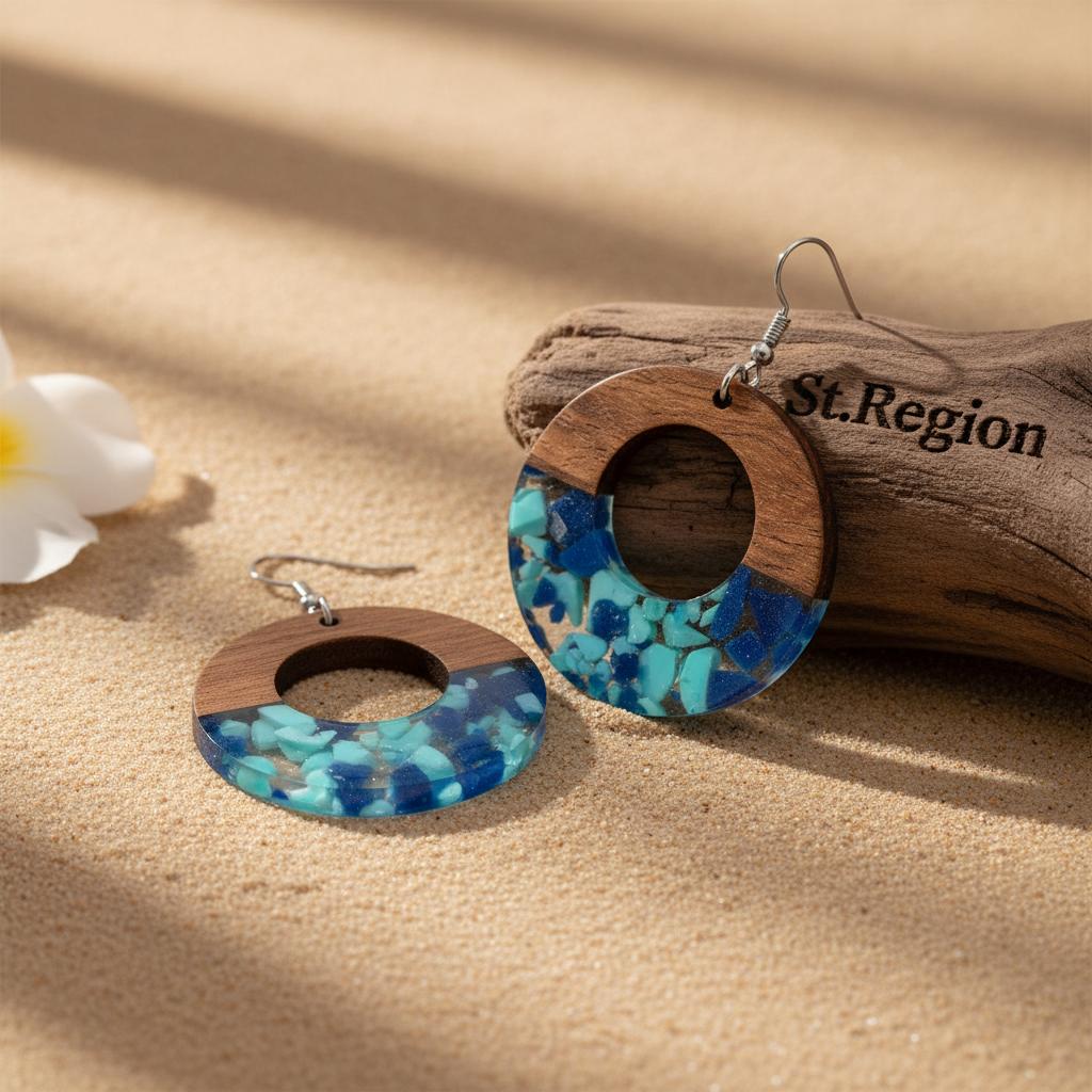 Navy Resin and Wood Silvertone Leopard Print Circular Hook Earrings, silver drop earrings for women, front view