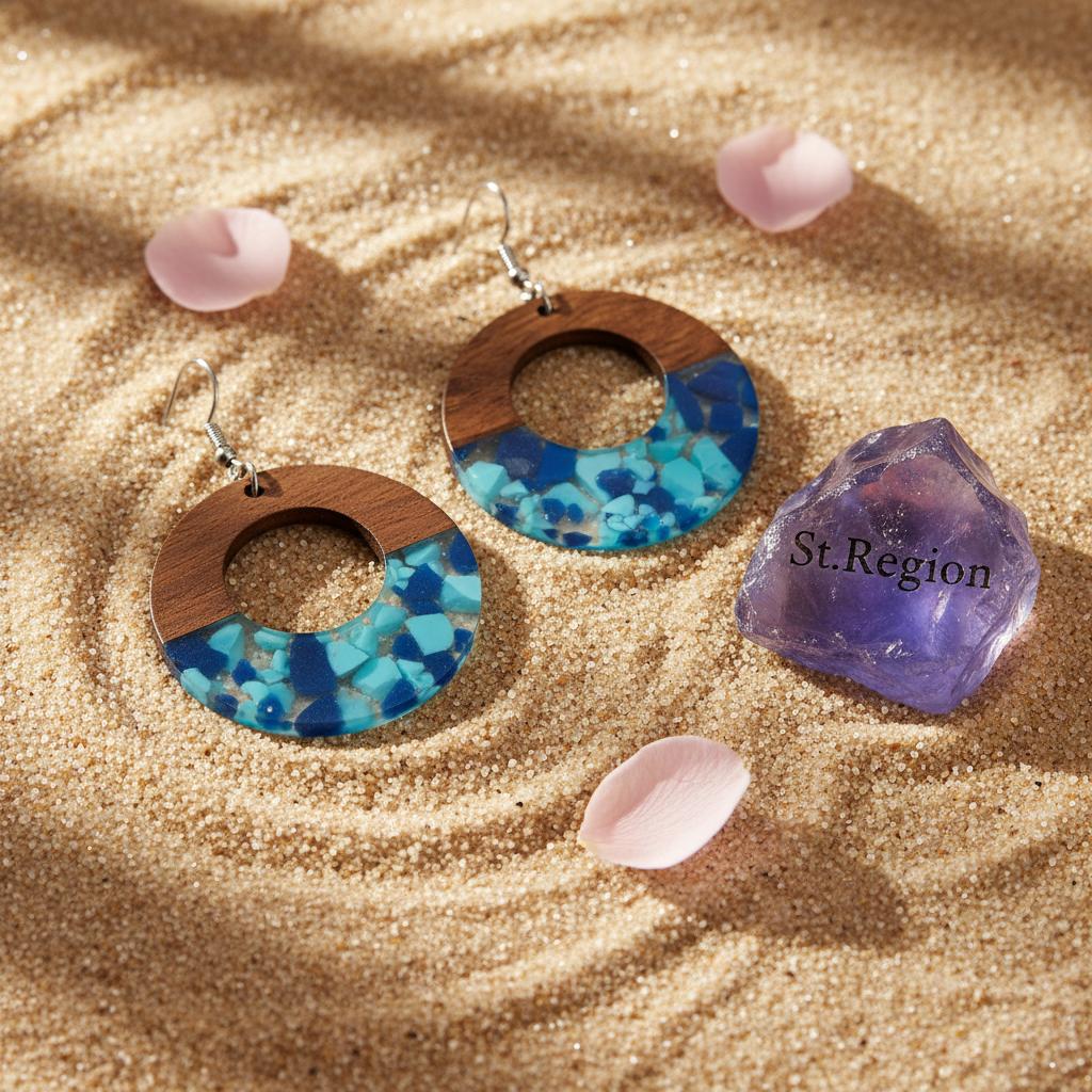 Navy Resin and Wood Silvertone Leopard Print Circular Hook Earrings, silver drop earrings for women, detail close-up