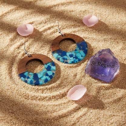 Navy Resin and Wood Silvertone Leopard Print Circular Hook Earrings, silver drop earrings for women, detail close-up