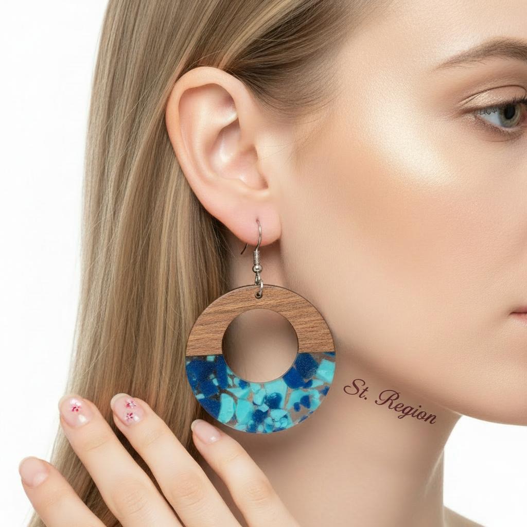 Navy Resin and Wood Silvertone Leopard Print Circular Hook Earrings, silver drop earrings for women, styled look