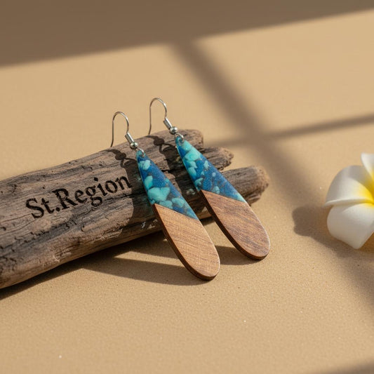 Navy Resin and Wood Silvertone Leopard Print Drop Hook Earrings, gold drop earrings for women, front view