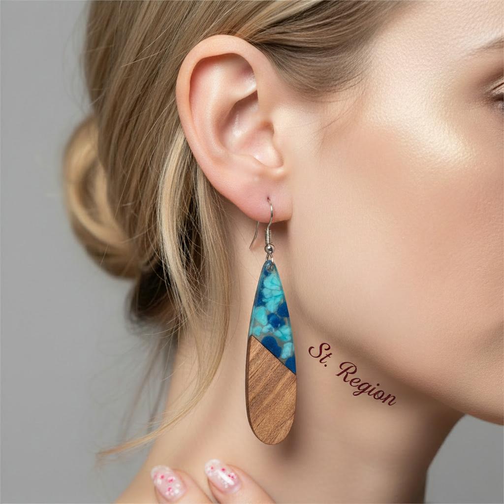 Navy Resin and Wood Silvertone Leopard Print Drop Hook Earrings, silver drop earrings for women, styled look