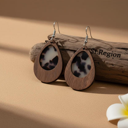 Brown Resin and Wood Silvertone Leopard Print Teardrop Hook Earrings, silver drop earrings for women, front view