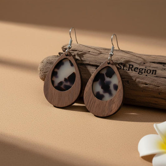 Brown Resin and Wood Silvertone Leopard Print Teardrop Hook Earrings, gold drop earrings for women, front view