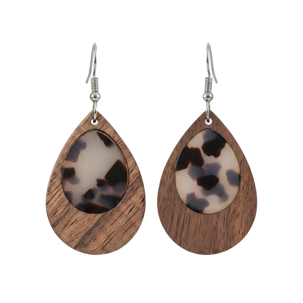 Brown Resin and Wood Silvertone Leopard Print Teardrop Hook Earrings, silver drop earrings for women, side view